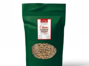 Caffè crudo Colombia Supremo 18+ arabica in grani ideale per tostatura domestica. Aroma fruttato con note di noci dolci e frutti di bosco.